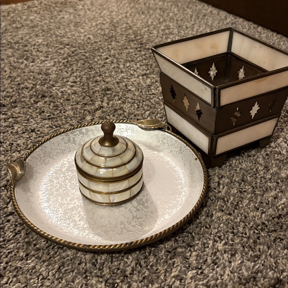 Vintage mother of pearl dish, trinket box and vintage candle holder